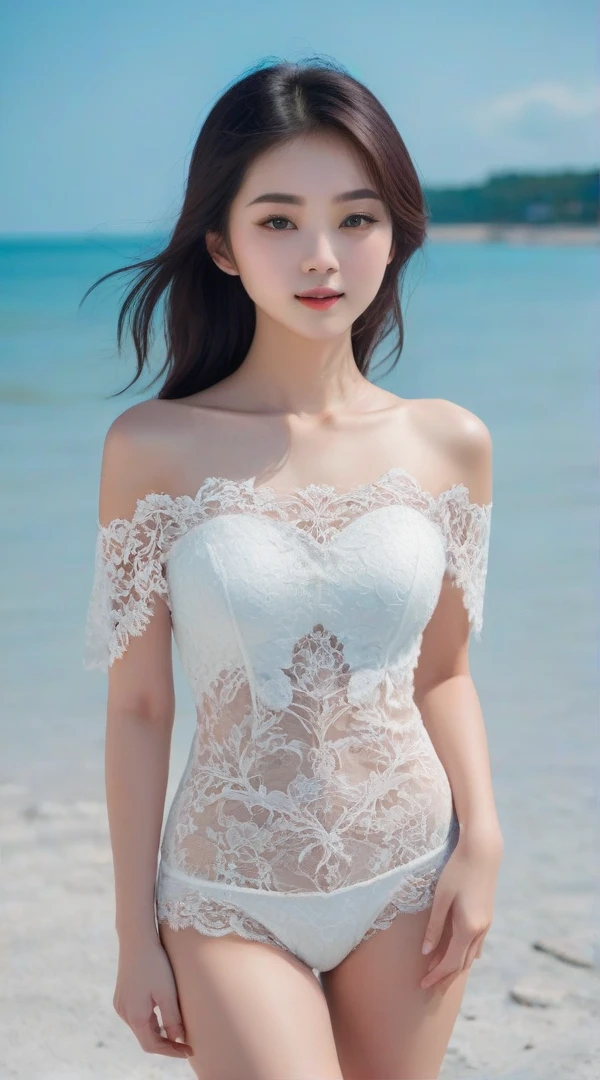 (Surreal), (figure), (High resolution), (8K), (Very detailed), (best figure), (Beautiful attention to detail), (Highest quality), (Ultra-detailed), (masterpiece), (wallpaper), (Detailed face), alone, (Dynamic pose:1.3), 1 Girl, (whole body), (See-through summer mini dress trimmed with lace:1.3), (upturned chest with tension:1.2), (Blush 1.2), (Straight cut blunt bangs), (Long hair cascading behind both ears), Long legs, Tighten your abdominal muscles, (little finger), (No pants), (Very good), (At the beach), (Dynamic Shot:1.5)