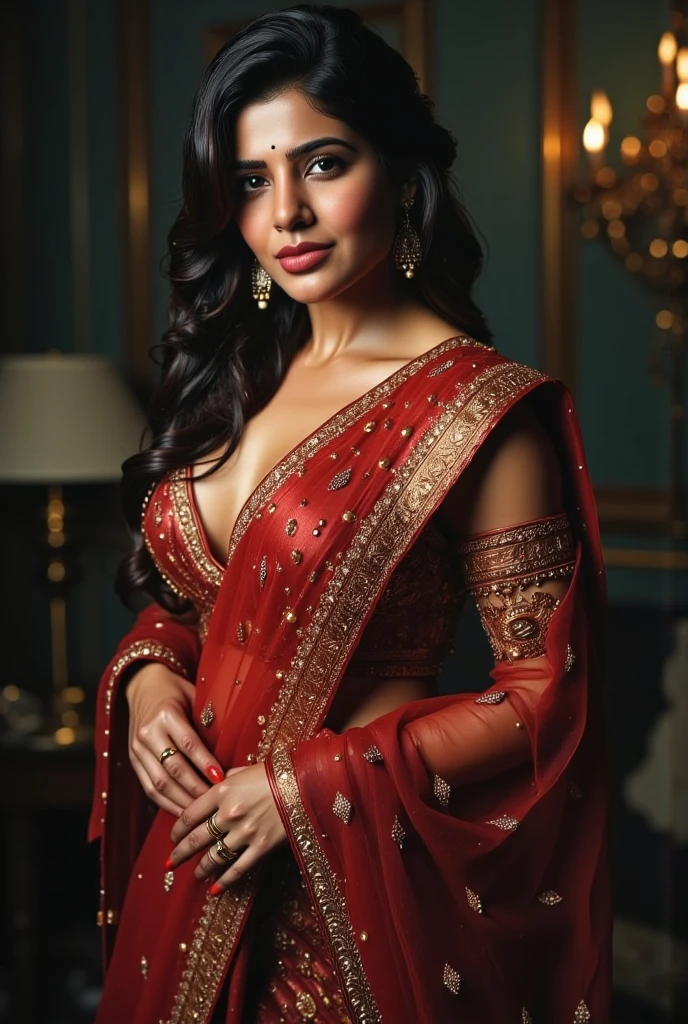 A Bengali girl which wearing a red saree and a red bra and where lots of jewellery and her breast size is large and she is more pretty and hot