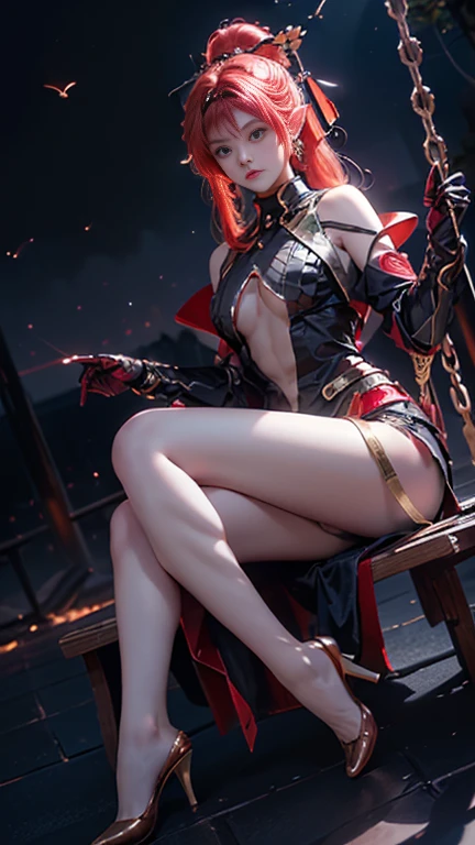 ((best quality)), ((masterpiece)), (detailed), perfect face, ((Big tits)), asian girl, ((venom outfit)), stocking, venom, beautyful face, ((stocking)), ((she wearing a red mask)), high heels, ((she wearing a black hood)), ((blonde straight hair)), ((she is sitting cross-legged on a chair)), full body, ((detailed eyes)), venom background, ((spiderman venom))