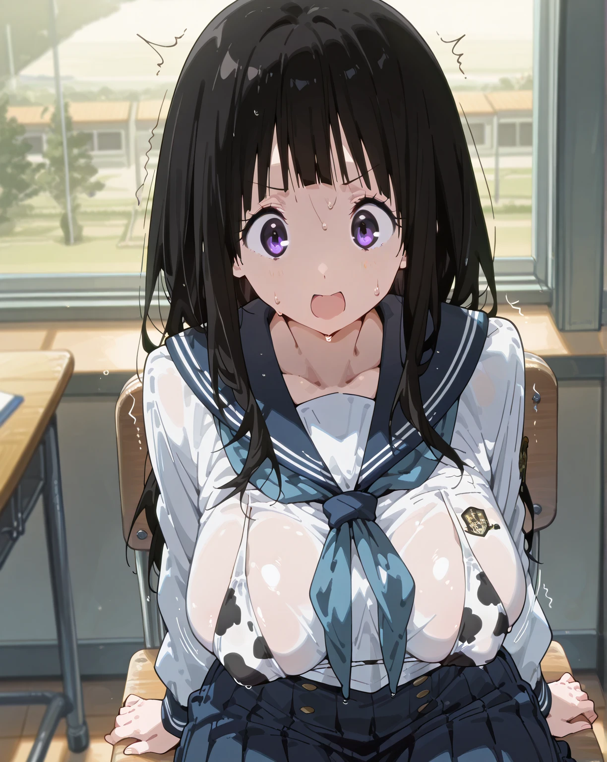 eruchitanda, This is Chitanda, Long Hair, Black Hair, bangs, blunt bangs, (Purple eyes:1.1), Side Lock, smile,
break skirt, , serafuku, kamiyama high \(hyouka\), Black Skirt, Short sleeve, Black sailor collar,
break indoors, classroom, blackboard, Photorealistic Background, Tabletop, ((squat:1.3)),
break looking at viewer, (Cowboy Shot:1.5), Dutch Angle, Angle from below,
break (masterpiece:1.2), highest quality, High resolution, unity 8k wallpaper, (figure:0.8), (Beautiful fine details:1.6), Highly detailed face, Perfect lighting, Highly detailed CG, (Perfect hands, Perfect Anatomy),((bra lift:1.3)), ((blush:1.3)), Hot face, ((Nipples:1.3)), ((Showing panties:1.3))