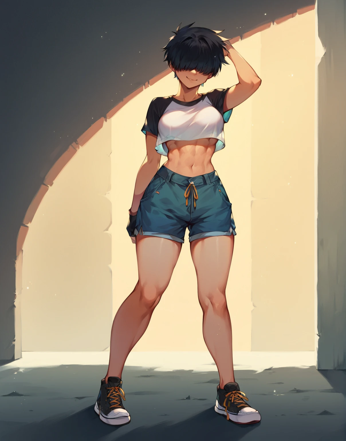 young female, (short black fluffy hair), short, detailed hair, wearing a baggy hoodie, wearing denim short shorts, wearing black combat boots, solo, human, ((nice thighs, wide hips, flat chest))