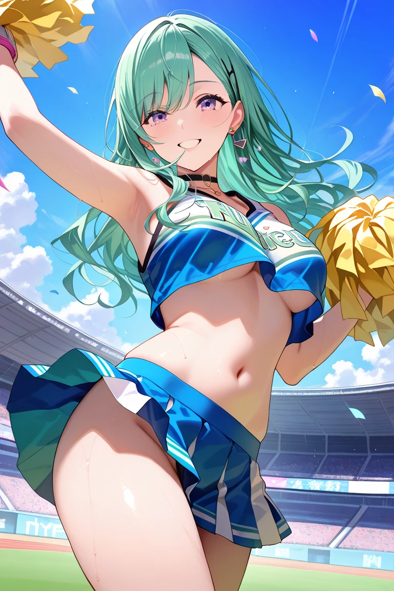<lora:lala:1>,miku,1girl,breasts,cleavage,hibiki_cheer,holding pom poms,medium breasts,navel,solo,