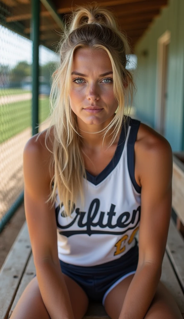 photograph of a female softball player,(confident smile:1.1),textured skin,goosebumps,(blonde hair:1.2),softball uniform,distressed uniform,long sleeves,(golden hour,chiaroscuro:1.1),cowboy shot,in the dugout looking at the field,perfect eyes,Porta 160 color,shot on ARRI ALEXA 65,bokeh,sharp focus on subject,shot by Don McCullin,