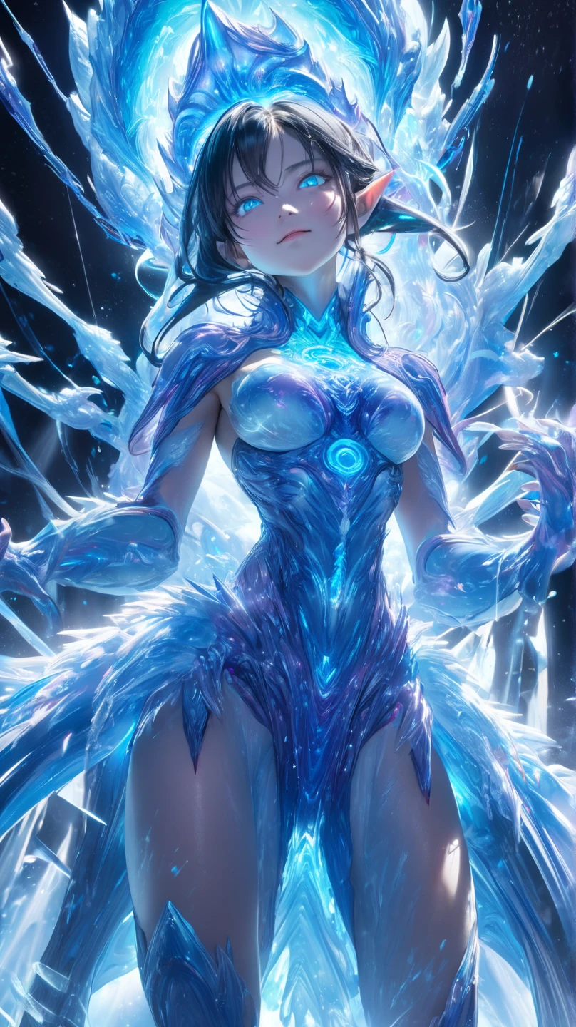Quality; (((masterpiece))), (((best quality))), ((ultra-detailed)), (illustration), ((an extremely delicate and beautiful)),((perfect anatomy:1.3),extremely detailed cg unity 8k wallpaper,emphasizing beautiful body lines,nsfw,(add_detail:0.5),
Settings; 1girl,
Character;{3rdForeigner, CthughaForm},ghost girl,monster girl,
Body; medium breasts,astral body,
Skin;beautiful skin,(pale skin:1.6),glossy skin,oily skin,transparent skin:1.6,blue flame skin,
Eyes; (beautiful detailed eyes),smile, blue eyes, blush,glowing eyes,
Hair; beautiful detailed hair,black hair,long hair,burning hair,
Composition; (depth of field),
Background;perfect lighting,space,
Pose;kneeling,
Clothe;revealing clothes,blue fire,
(blue fire all over the body,spraying body blue fire),burning clothes,long gloves,clothed in blue flames,body paint,