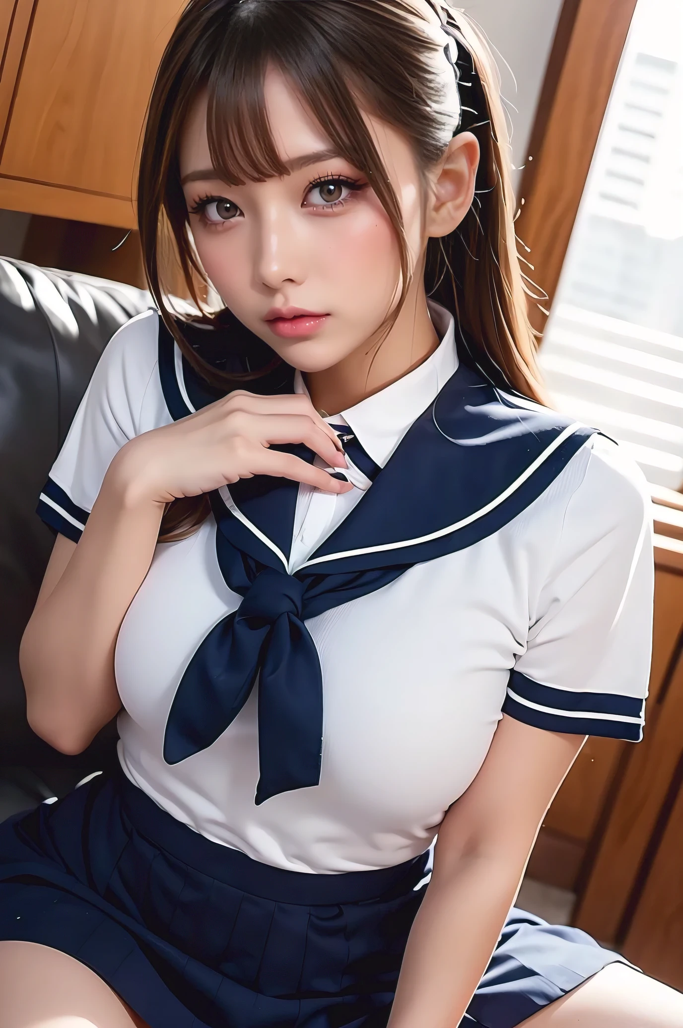 top-quality,ultra-detailliert,masterpiece,realisitic,Photo Real,Bright lighting,1 girl in, an extremely beautiful 17-year-old girl, (kawaii:1.2),Thin smile, (Brown eyes),(brown haired),(bangss),perfect glossy skin,flawless skin,((erotick,Sexy and sexually explicit)),((accurate hands without incongruity)), large full breasts,big breasts thin waist, Look at viewers,((a sailor suit)),((Short sleeve uniform white shirt)),(red necktie),(Blue Mini Pleated Skirt),(((skirt lift by yourself))),(lifted by self),(Showing panties),panties on,panties focus,((Sit up,spread legswide)), sockes, (Black knee socks),(Loafer shoes), during daytime,On the train,Horizontal long seat with your back to the window((乃木坂アイドル、韓国アイドル、hposing Gravure Idol、((女優))、25-years old、tall:1.2、cafes、resturant、Italy、Americans、Australia、Glamour)),
