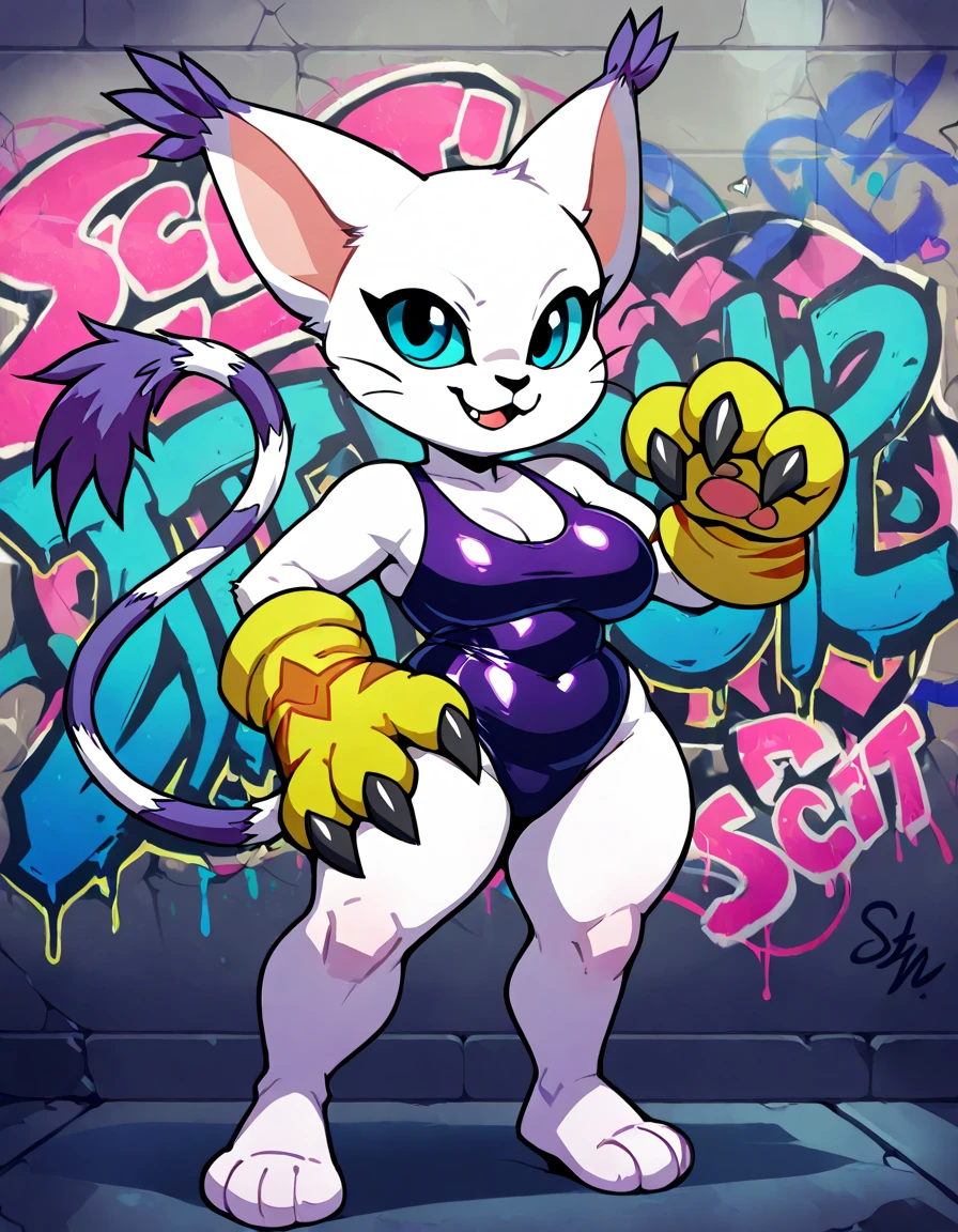gatomon , shortstack ,pose , graffiti LetteSmile  , sci-fi city ,solo