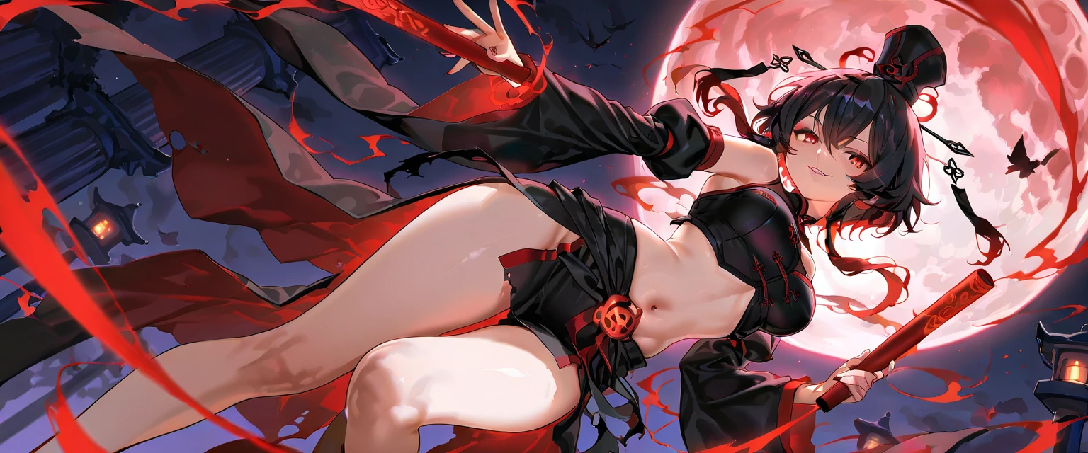 Cosplay Kaneki, Kaneki Lumine mask, danger, 独奏, crazy and evil smile, villain, bloodstains, wearing short clothes, breasts big, neckleace, Tattoo on Underbelly, holding a knife, highly-detailed eyes, high-detailed face, highly detailed background, looking ahead at viewer
