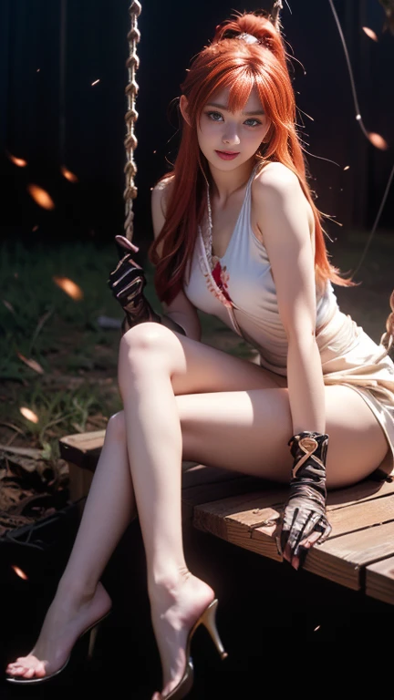 8k、RAW photography、top quality、masterpiece:1.2)、(real、photoRealstic:1.37)、、a girl in、China -、25 years old、female、a sexy whore standing showing off her long legs and white and pure in a field full of black waste 、(deep night ),(field full of black waste (land scene full of black waste illuminated by lamp oil emitting a terrible blue light ) poured into the soil mixed with mud to form a green solution), (underground dirt ) 、(dirty soil full of worms and snakes and centipedes), 、(radioactive waste that transformed worms and snakes and centipedes) Light from the oil lamp on the ground, lamp face, radiation, pink hair in a bun, face details, lip details, eye details, glasses, excess skin、 (white short crop top torn due to too much chest large ) chest area, revealing part of the chest and red bra inside)、(wearing a white short skirt in a lying position to reveal red underwear.The white water flowing from the underwear spilled over the underwear and the thigh water flowed from the red underwear onto the ground )、 (long white legs )( legs without muscles ) ( long straight legs ) (bare legs stepping on piles of black waste 、Glistening cleavage, , off shoulder, off thigh, thigh bow ,(camel toe), perfect body, shiny skin, (Body odor: 1 , 2), smug angular face, ((sitting)) , Eye contact with camera, Lens blur for background camera, depth of field, 35 m , super detail, super quality, perfect to perfect 、、 ( (Taking photos) in Retro style )),hands on chest ,((NSFW 1:1) ),((Retro filter 1:1) )