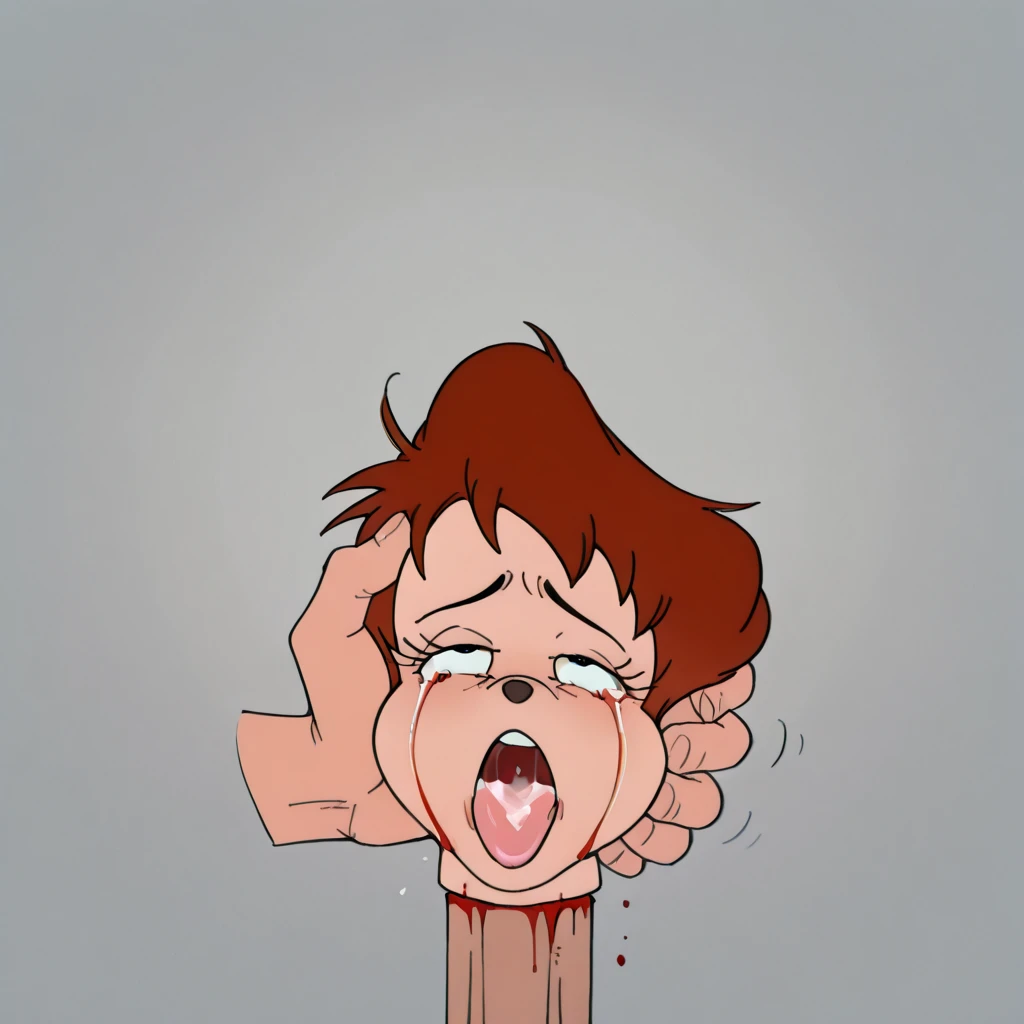 Ralph Bakshi Style, Curvy blue eyed girl with long wavy black hair and small breasts, (scared), actively punched in the face, abused, naked, crying, punched:3.0