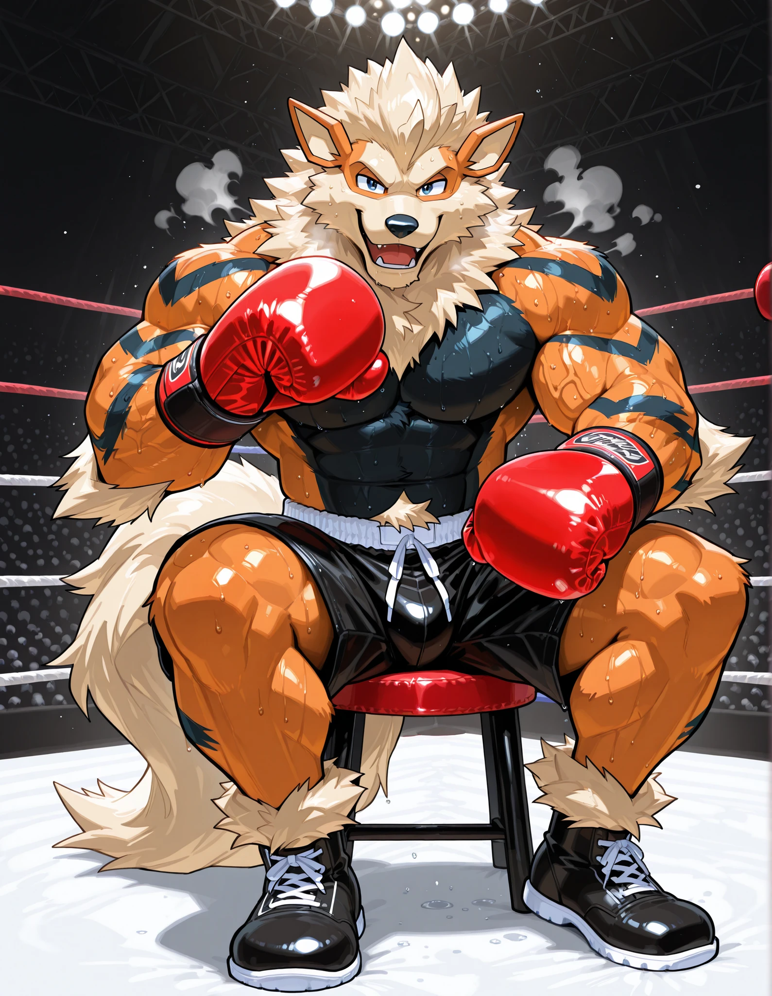 Arcanine, anthro male, high quality, full body, looking at viewer, solo, fighting ring background, red boxing gloves, feet, thick veiny arms, heavywait muscular, black boxing shorts, black boxing shoes, heavywait boxing champion, bravely eyes, glistening fur, sweaty, open mouth, steam, sitting on a stool in the ring corner, gear up with fighting spirit, shirtless, b0xingp0v