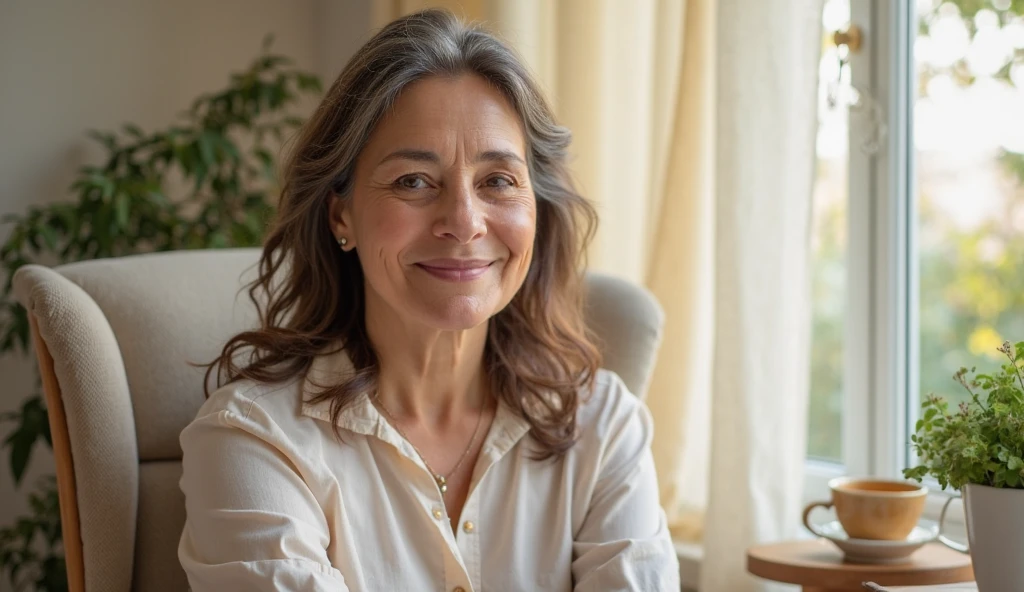 Create a highly realistic image of an adult woman around 50 years old. She should have slightly visible signs of aging, such as soft wrinkles around the eyes and mouth, and some graying hair strands. The woman should appear to be about 5 kg overweight, with a fuller face and a naturally curvy body shape. She has medium-length, wavy brown hair, with a few gray hairs scattered throughout. Her complexion is fair with a light, natural makeup look. She should be dressed in casual, everyday clothing, such as a simple blouse and jeans. The setting should be a cozy indoor environment with soft, natural lighting to emphasize the realism of the scene. The expression on her face should be warm and inviting, as if she is engaging in a pleasant conversation.