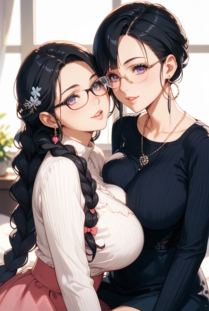 2heads, a tall thin woman with 2 heads. She has massive breasts. She is in a girl's bedroom. She is naked, nude. She is wearing thick glasses. She has long brown straight hair. She looks mature. She has big perky lips. She has giant perky breasts. She is extremely tall. She looks seductive. She looks flirty. She looks happy, smiling wide. Blushing. She has huge breasts. She has a lot of freckles. She has 2 heads. Her breasts are enormous and perky. She is wearing eyeliner. Extremely long hard nipples.