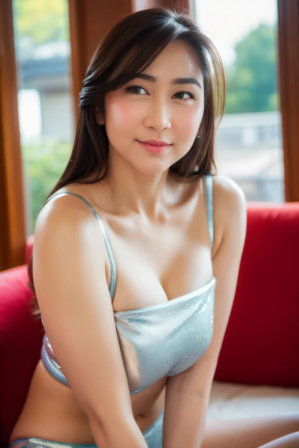 sitting on table, hand grabbing on breast pose, (silver leather playboy bunny), silver pantyhose, silver leotard, rabbit ears, red bowtie, wrist cuffs, looking at camera, front view, long hair, bangs, (detailed face), at livingroom, tempting pose, potrait body, mouth closed, smiling, black eyes, 1 girl, 20yo,Young female,Beautiful Finger,Beautiful long legs,Beautiful body, Beautiful Nose,Beautiful character design, perfect eyes, perfect face,expressive eyes,perfect balance, (looking at viewer), official art,extremely detailed CG unity 8k wallpaper, perfect lighting,Colorful, Bright_Front_face_Lighting,White skin, (masterpiece:1.0),(best_quality:1.0), ultra high res,4K,ultra-detailed, photography, 8K, HDR, highres, absurdres:1.2, Kodak portra 400, film grain, bokeh:1.2, lens flare, (vibrant_color:1.2),professional photograph, (Beautiful,huge_Breasts:1.4), (beautiful_face:1.5),(narrow_waist)