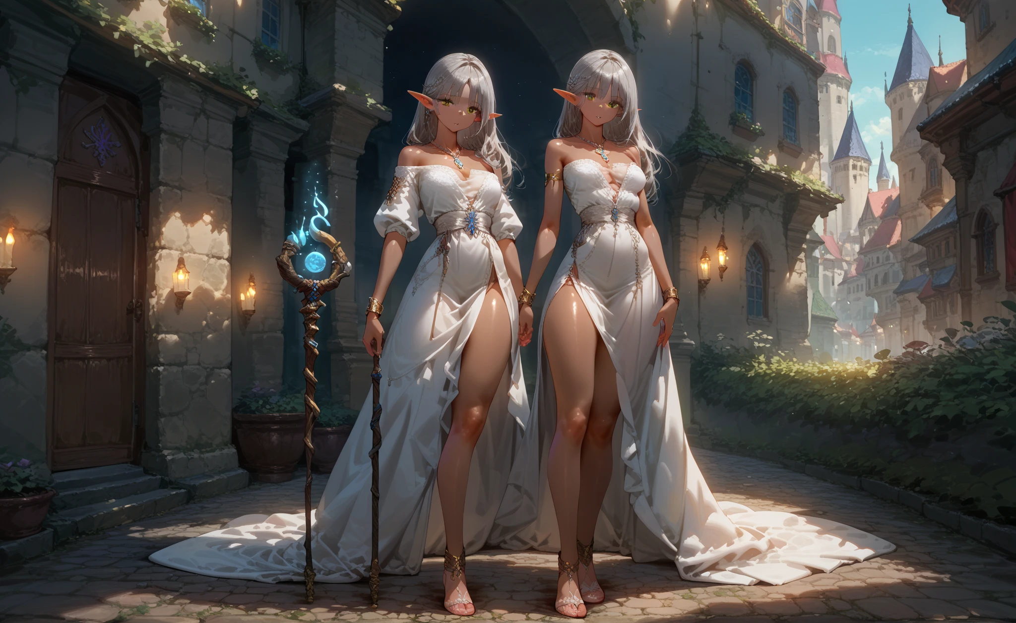 nsfw,((shibari)((arm behind back)),(((fully tied up))((pillory)),(Fidelity: 1.4), marble statue of Venus, goddess of love adorned with silver ornaments, masterpiece, top quality, (perfect face: 1.1) , (high detail: 1.1), dramatic , female triplets, breasts, white hair, blue eyes, elf, cleavage, long hair, curvaceous, sexuality, big, moon, see-through, night, dress, thighs, navel, white dress, laced choker, bare shoulders, wide hips, thick thighs, lips, covered, laced robes, pelvic curtains, laced pelvic curtains, toned pelvis, toned hips, milky hips, navel piercing, body piercing, huge breasts, muscles, Big biceps, thigh muscles, bruised knees, pants undressed to knees, white heels, white sandals, body piercings, Asuna waist, neck chain, devil's castle, detailed background, art by Artgerm and Greg Rutkowski, movie lighting