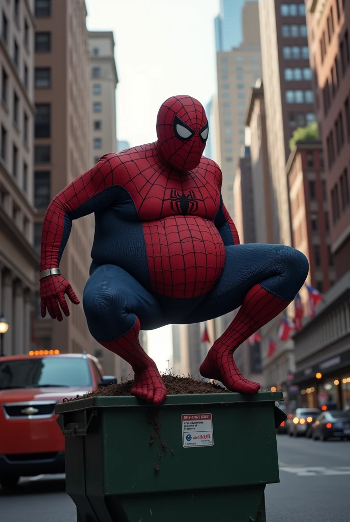 A very big Spider-Man big belly is standing in a shopping mall and many people are crowding around him. People are very small compared to spiderman. Everyone is surprised to see that spiderman's body is very big.