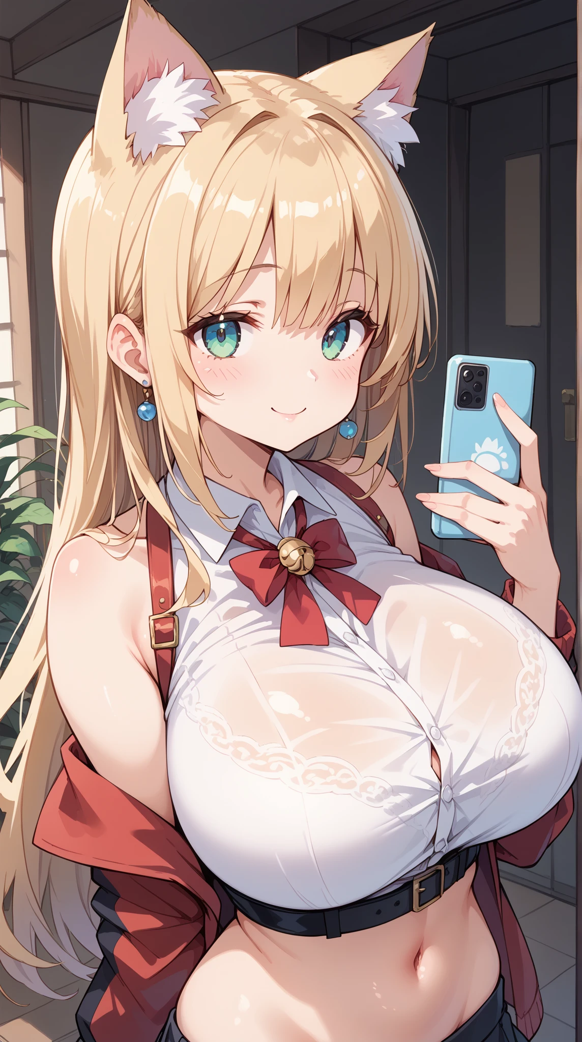masterpiece, best quality, finely detailed, 1girlgiant, (blonde hair), wavy hair, (Bishoujo), shy, cute, (red eyes), (eyelashes), (mega breasts), white shirt