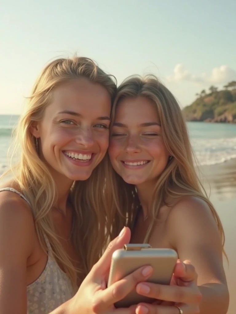 Two busty petite teen girls posing in bikinis on a beach. the girl on the left is blonde, Remi Lacroix. the girl on the right is brunette, Jessa Rhodes, huge soft breasts.