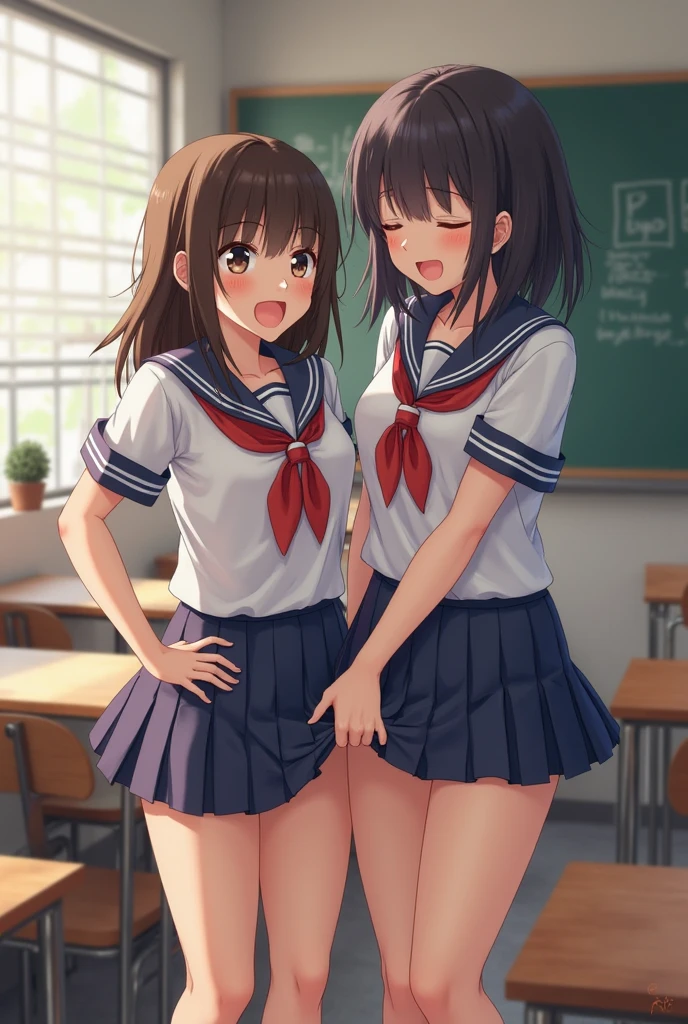 female teacher(36 years old、Brown Hair、tall、Big Breasts、suit)and female student(、Red hair、Flat Chest、、Sailor suit)A quarrel、Angry expression、Glare、rage、underwear、classroom、Two people fighting