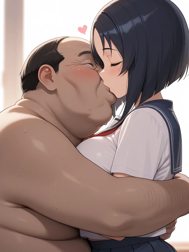 (masterpiece, best quality:1.2), Shader, behind shot, 1girl, kawaii, (super big breasts, micro waist, very long legs:1.5), Black hair, short bob hair, short height, scrawny and thin body, Light Skin, cute big eyes, cute beautiful thin face, , serafuku, pigeon-toed, wet and sweaty, big visible ribs, sex with ejaculating super big penis man, ugly big man is big hands, Cowgirl position, V sign, Trembling