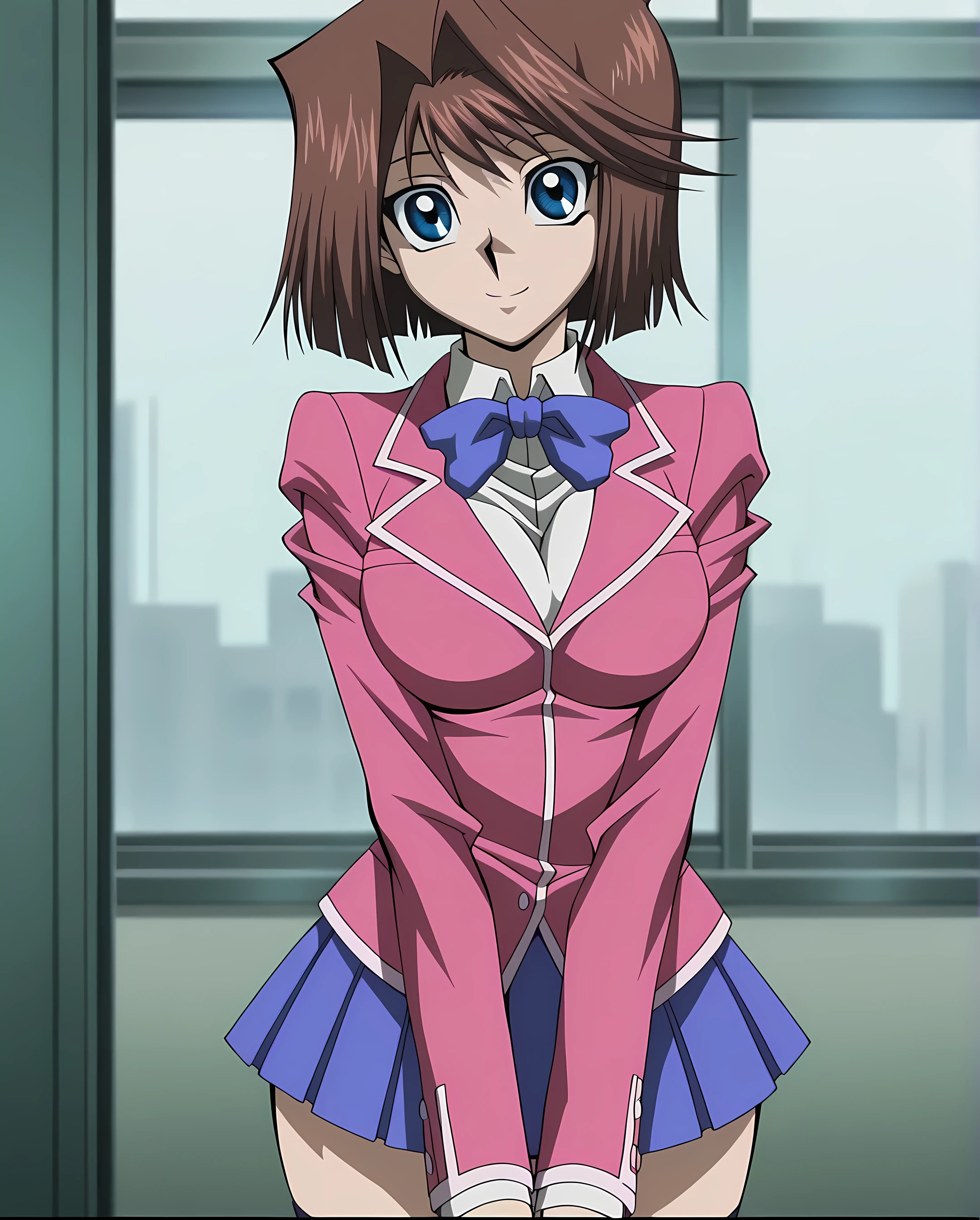 amazing quality,very aesthetic,absurdres,best quality,newer,masterpiece,resolution 4k, a girl,Mazaki Anzu, Brown short hair , blue eyes , Mouth closed,,happy,huge breasts,yu-gi-oh! the dark side of dimensions,anime screencap,curvy,thick thighs,curvy, showing off her breasts ,pink school uniform, white shirt neckline, blue bowtie , Pleated skirt,black stockings, mini skirt,curvy,inclined , HALF body, flirty, close-up, looking at the viewer, from the front side, showing off her breasts, ((neckline)),( (sexy neckline))