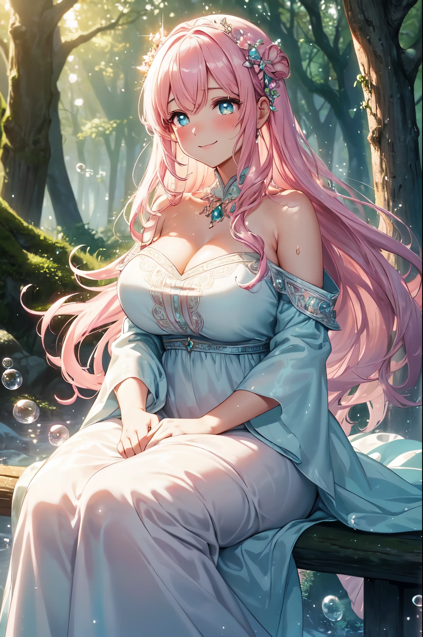 handsome girl,blue-eyes,blue pupils,Long pink hair,Hyperresolution,accuracy,Detailed rendering,(Subtle facial image)(Image of fine hair)(topquality)(Masterpieces of masters)(High degree of completeness)(A sense of atmosphere)tmasterpiece,Super detailed and super detailed(half-body portrait), long wavy pink hair, (((tHICK WAVY HAIR)))(((ANKLE LENGTH HAIR)))(((Blushing)))(((Huge breasts)))(((LARGER BREASTS))) large breasts, bigger breasts (((Bigger breasts))) (((Blushing))) (((Sakimichan))) (((Pink hair))) (((cute outfit)))(((Casual full outfit)))(((Dressed up))) (((Covered up))) (((Casual dress)))
