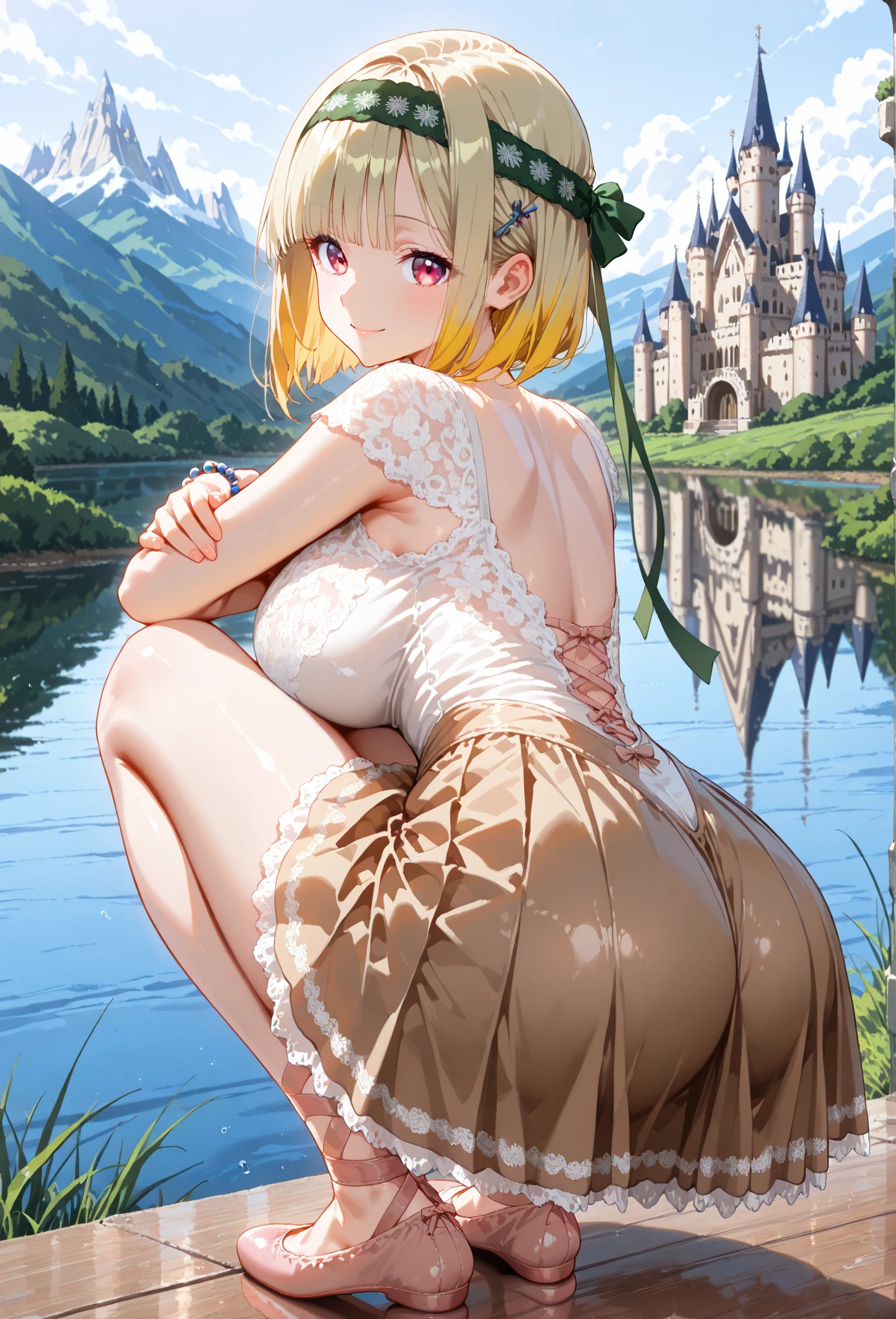 1girl,masterpiece, best quality, high resolution, green eyes, blue criss-cross halter, criss-cross halter, big breasts, nice breasts, pretty, blonde hair, blonde, ahoge bedroom, room, on all fours