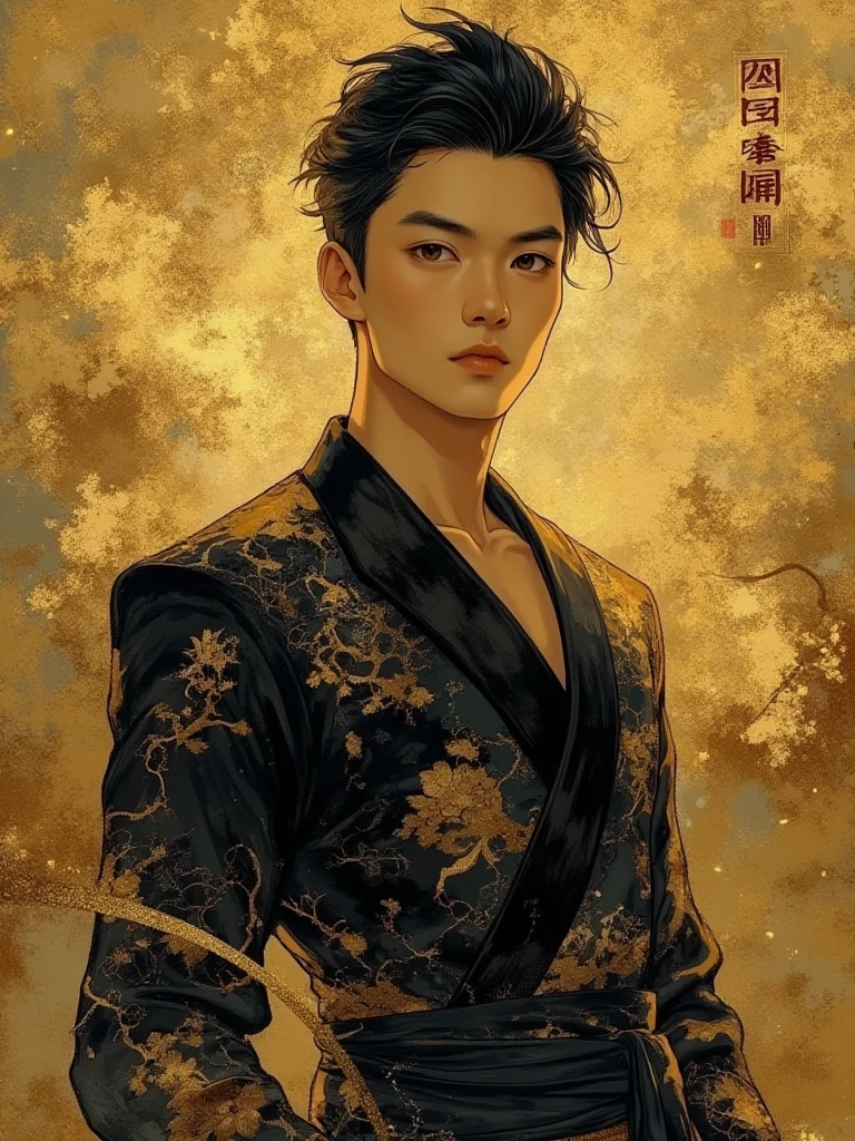 muscular boy, masculine face, wild, masculine, valiant, handsome, rugged, hoodie, modern chinese traditional costume, fusion of ancient Chinese and modern, king of rappers, pectoral muscles, abs, cool atmosphere, sitting, solid posture, fashionista, stylish, colorful, individual, luxurious, Cantonese, singing, dancing, sky with stars shining like dreams, Book of quiet nights, starry sky blooming brightly, border between whispering dreams and confusion, Cantonese pride, yellow and blue clothes