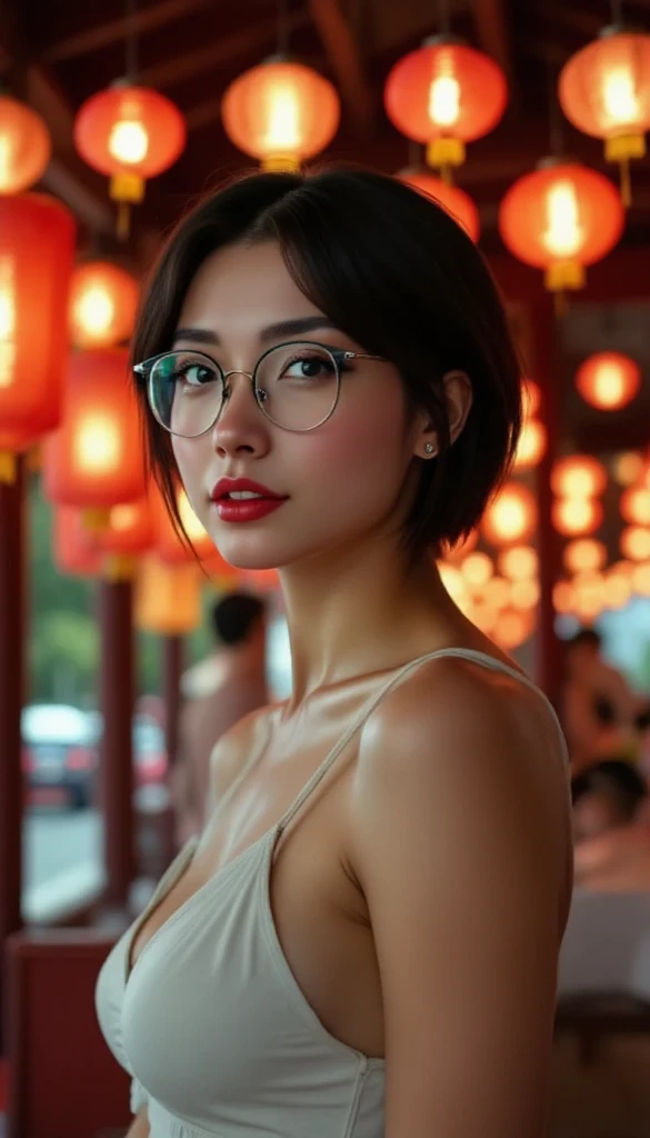 mix4, (8k, RAW photo, best quality, masterpiece:1.2), (realistic, photo-realistic:1.37), best quality, ultra high res, professional lighting, photon mapping, radiosity, physically-based rendering, cinematic lighting,((short hair)red hair),Wear glasses,light smile, small breasts,Face the camera,cute & girly \(idolmaster\), city lights,