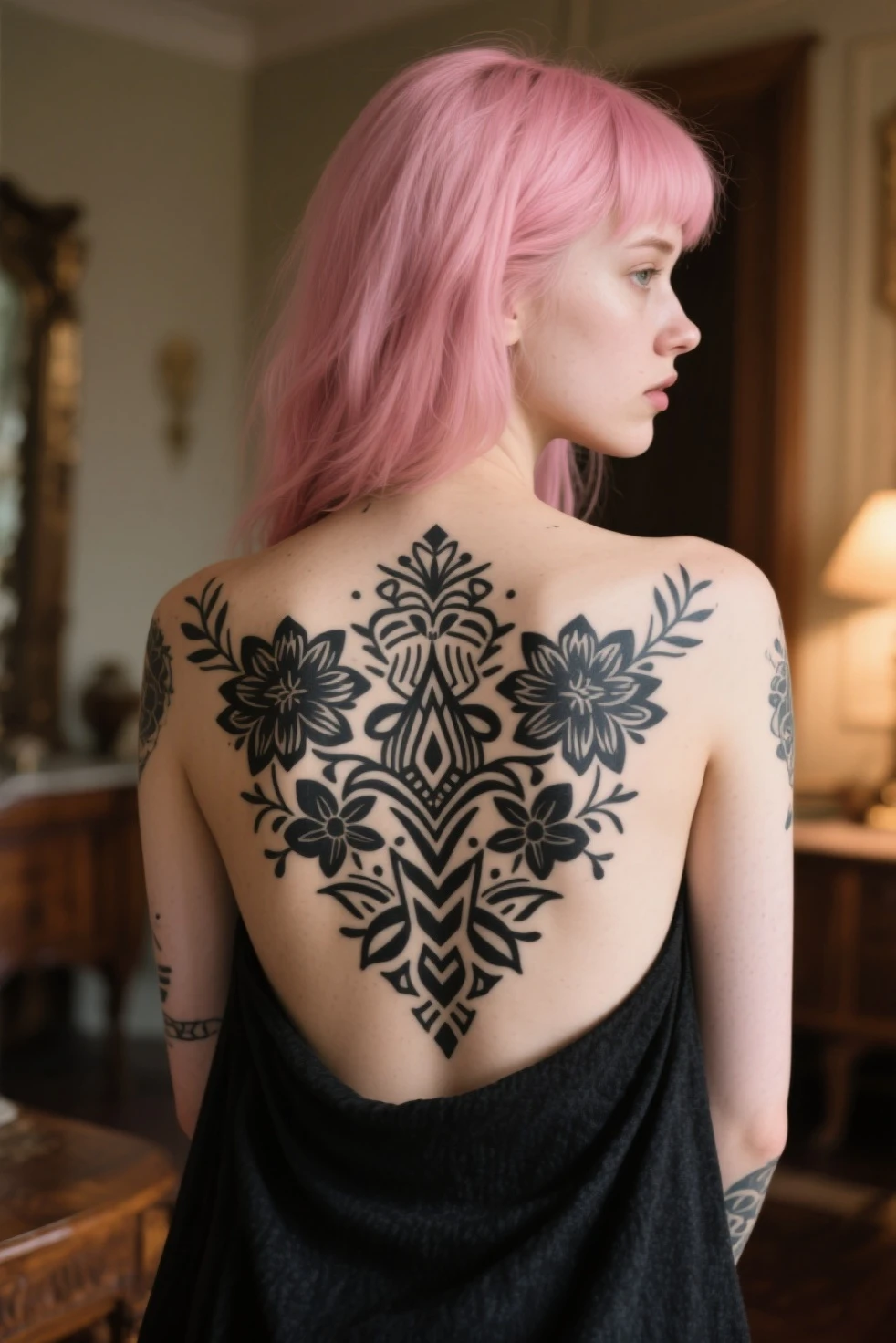 black and white photo of a womans back, having shiba inu tattooed on her back, close up
