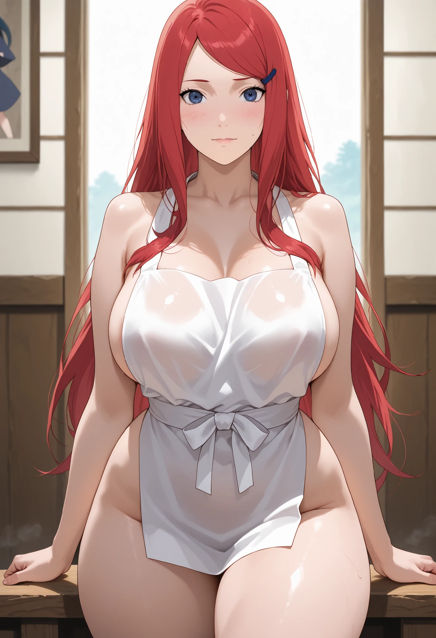 (masterpiece:1.2, best quality:1.2, beautiful, high quality, highres:1.1, aesthetic), detailed, extremely detailed, ambient soft lighting, 4K, perfect eyes, perfect face, perfect lighting, 1girl, solo, huge breasts, huge thighs, narrow waist, wide hips, thick thighs, curvy, standing, looking at viewer, facing viewer, Rias Gremory, rias form high school dxd, , (((blue eyes))), red hair, antenna hair, wavy hair, tight white t shirt, (underboob), red bloomers, blushing,sweating, (breathing hard), (panting), anime, smile, dojo, indoors,