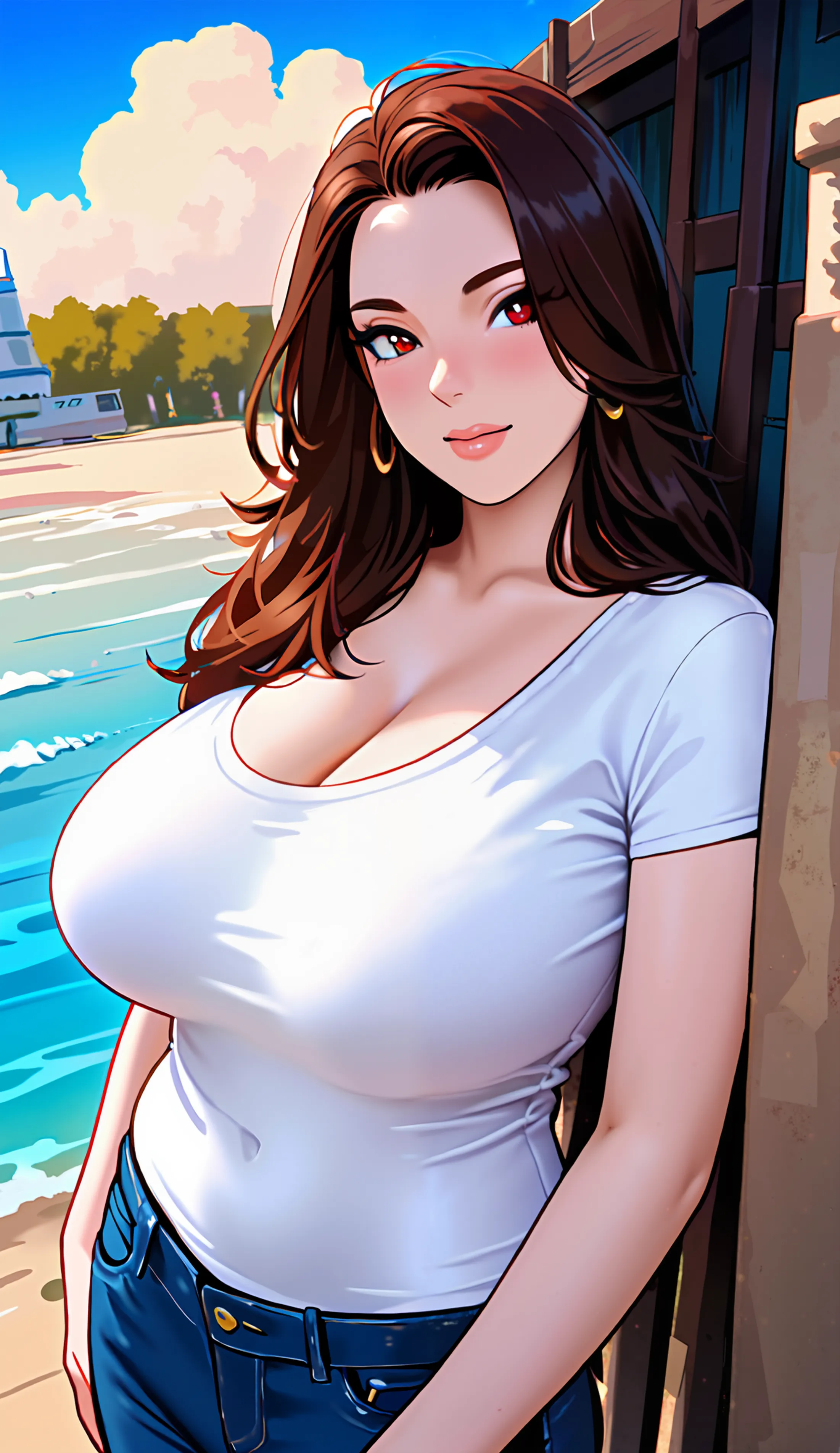 Gorgeous and sultry busty athletic (happy smiling) brunette, athletic bun, wearing a brown one-piece swimsuit, swimming pool, palm trees, motel courtyard