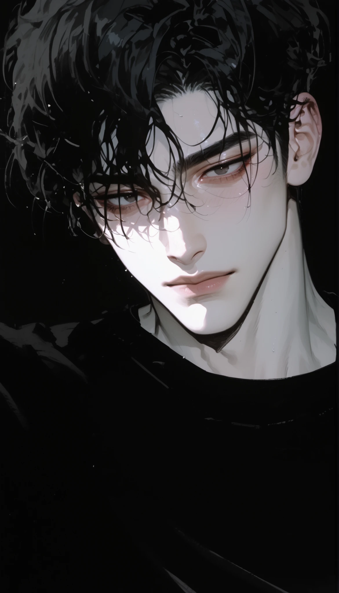 close up, black shirt, night city background, handsome, handsome man, 1male, handsome, black eyes, manhwa, black hair, korean man