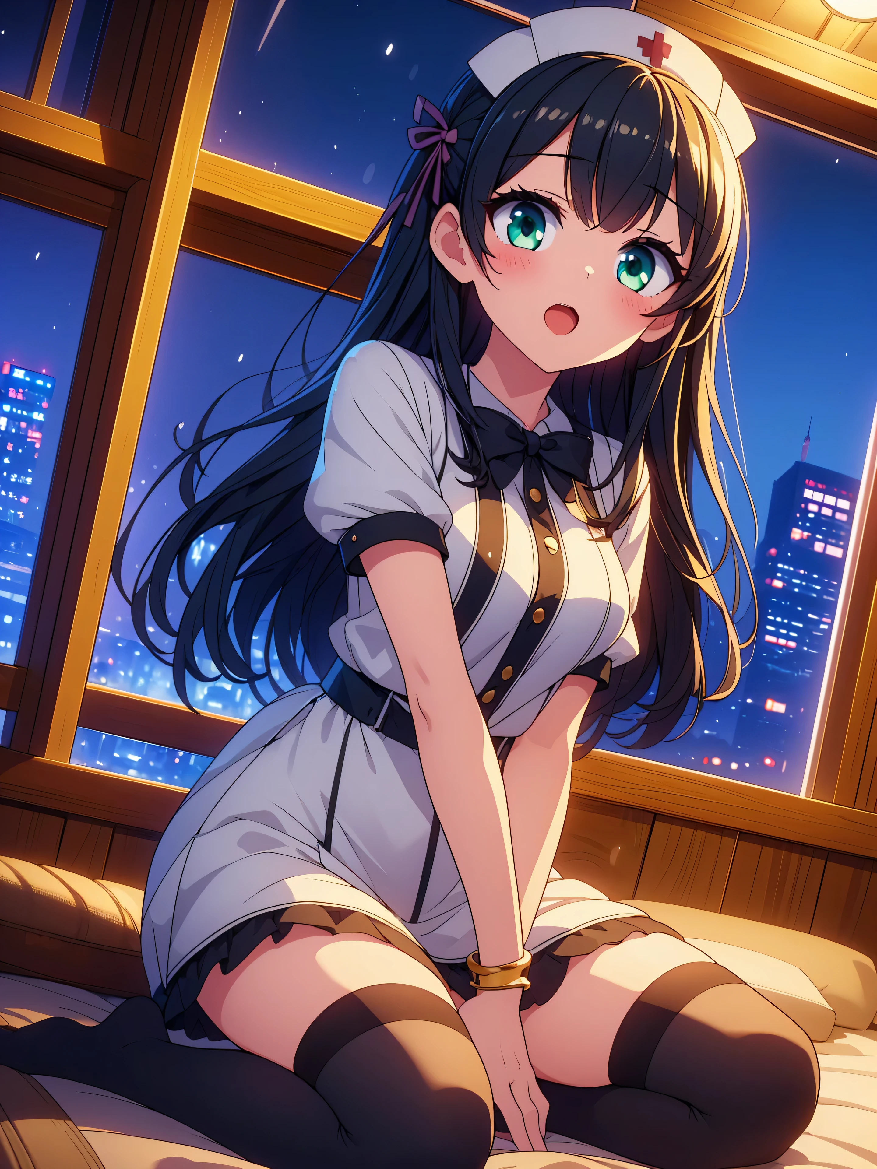 Highly detailed, high quality, masterpiece, beautiful, (all photo shooting, low angle), girl student, open legs, perfect eyes, green eyes, light eyes, blushing face, happy face, big thighs, medium chest, short stature, long hair, black hair, with bracelet on hand, bow in hair, headband, wearing nurse outfit, wearing black stockings, with panties stuck between vagina, shows full panties, sexy, background image in a hotel at night
