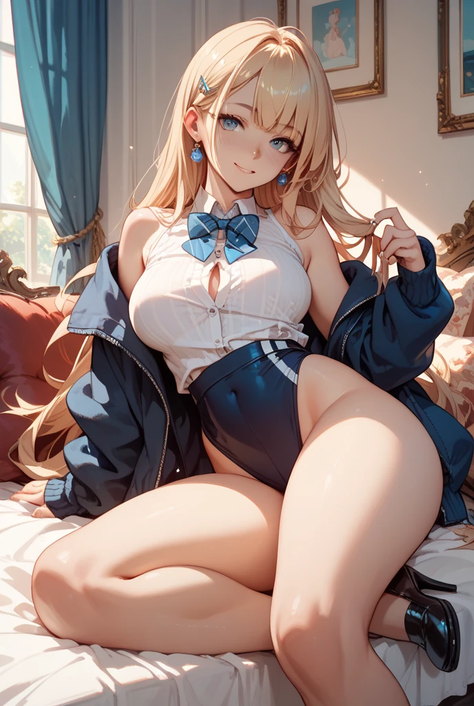 ((Highest quality)), ((masterpiece)), (detailed), One girl, sexy，Photorealism、Highest quality、Ultra-high resolution、Browsing Caution、Japanese junior high school girls、、Girl in uniform sitting on bed、Low angle shot:1.5、M-shaped feet:1.4、She opened her legs wide:1.5、Sit with your knees bent and your legs apart、((Showing panties:1.5))、カメラに向かってsexyな表情、((Blonde))、((pink silk panties))、Panties close up:1.4、Light blue shirt、Dark blue tartan check pleated skirt、Dark blue socks、A cute and beautiful face down to the last detail、(Purelos Face_v1:0.008)、Brown eyes、eyeliner、blush、Embarrassing、 Glossy Lips: 1.4,  impatience、It was scary、Panty Appeal、Panties close up:1.3、blush、女の子はAre cryiAre crying、Open your knees、Spread your legs、Disheveled clothes、dressing、Medium Long Hair,In the bedroom、Anatomically Accurate human body、Perfect Arms、Perfect hands、Perfect Fingers、Perfect Legs、Accurate human body，Wet panties，A lot of love juice，Unbutton your shirt，Red ribbon around neck，Tears running down my cheeks，No bra，Cleavage，Big Breasts