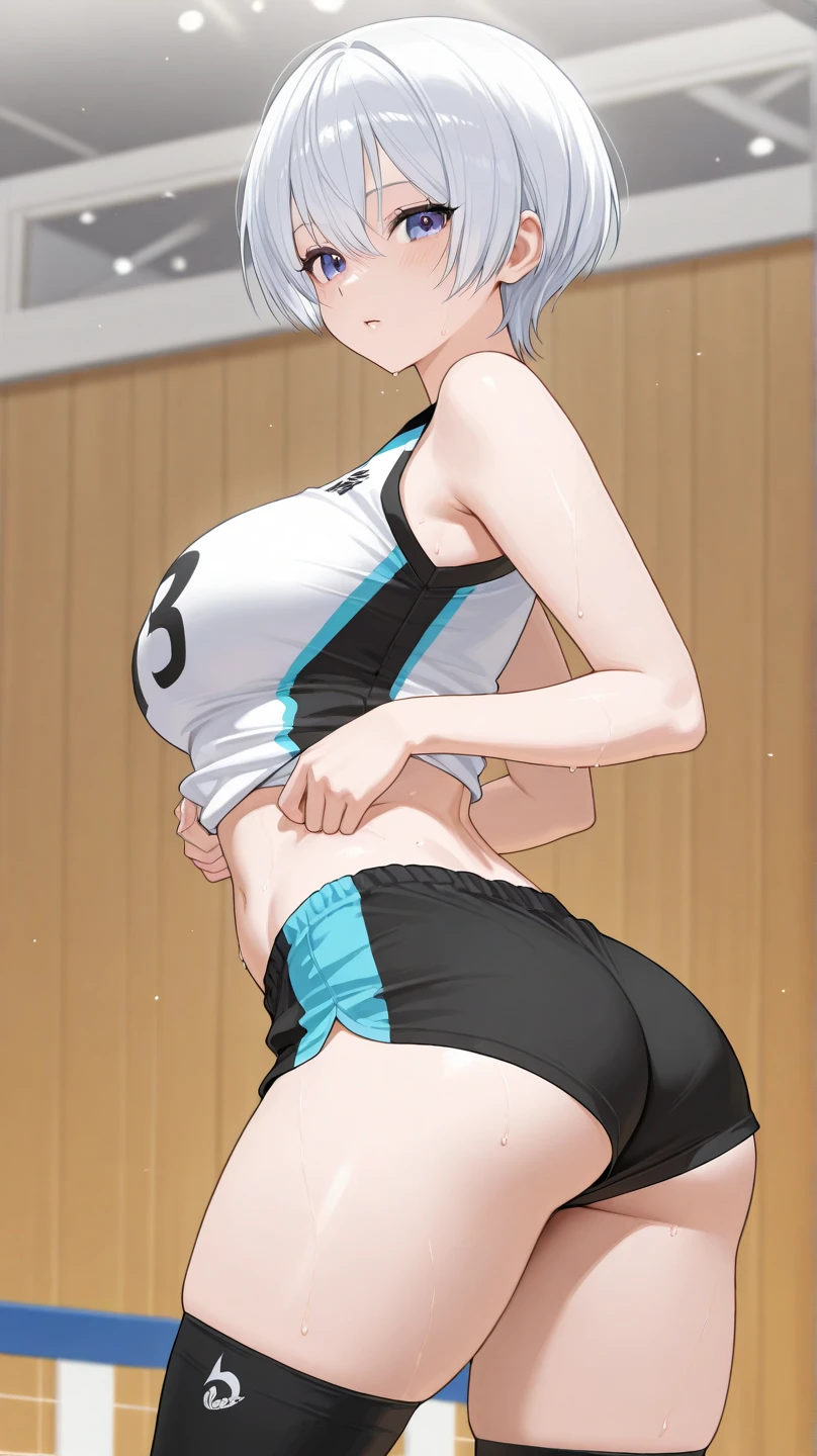 1girl, white hair, purple eyes, bob cut, wavy hair, average breasts, blush, glow, thighs, bare shoulders, collarbone, narrow waist, cleavage, (masterpiece), white volleyball uniform, tight volleyball uniform, wet clothes, see-through, sweat, volleyball court,