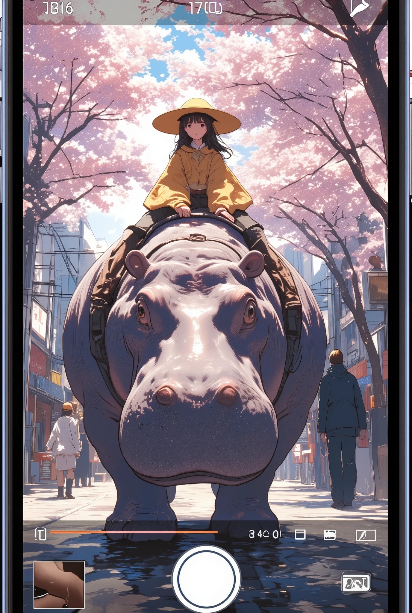 a surreal street scene showing a young girl in a yellow school hat riding a large hippopotamus under cherry blossom trees, captured through an iPhone screen interface, include iPhone camera UI elements such as shutter button, focus square, exposure slider, time and battery icons, and portrait mode label, the girl and hippo are in sharp focus while the background is softly blurred like portrait mode, natural lighting with soft shadows and slight lens flare, wet pavement with reflections, realistic textures, cinematic framing with a smartphone screen overlay, Shot on iPhone aesthetic, aidmamj6.1