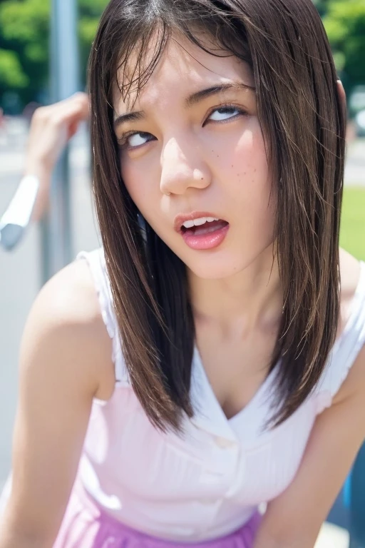 Hot hinata, kneeling, showing the tongue