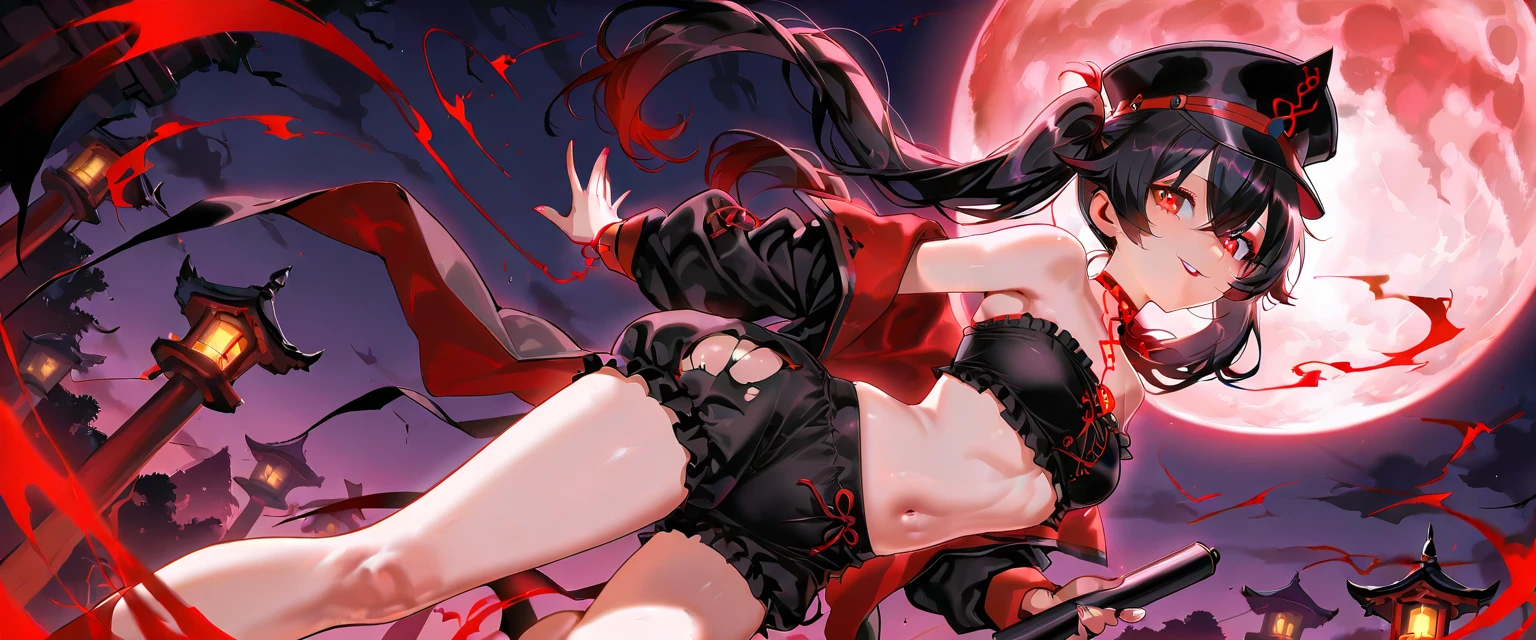 Demon girl with red skin, black horns, completely black eyes, straight black hair, muscular, purple eyes, demon tail, Red skin , black eyes, purple eyes, hero costume 