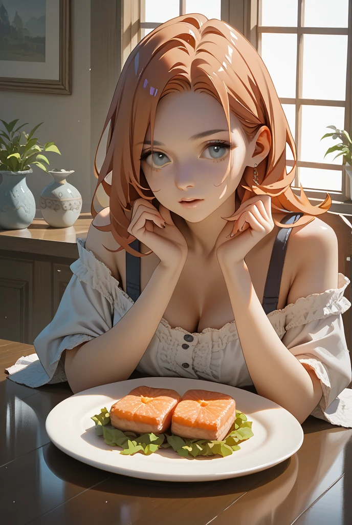 anime girl with red hair holding a plate of food in front of her, rin, artwork in the style of guweiz, kawaii realistic portrait, digital anime illustration, anime food, detailed digital anime art, made with anime painter studio, marin kitagawa fanart, lofi portrait, painted in anime painter studio, realistic anime artstyle, anime moe artstyle