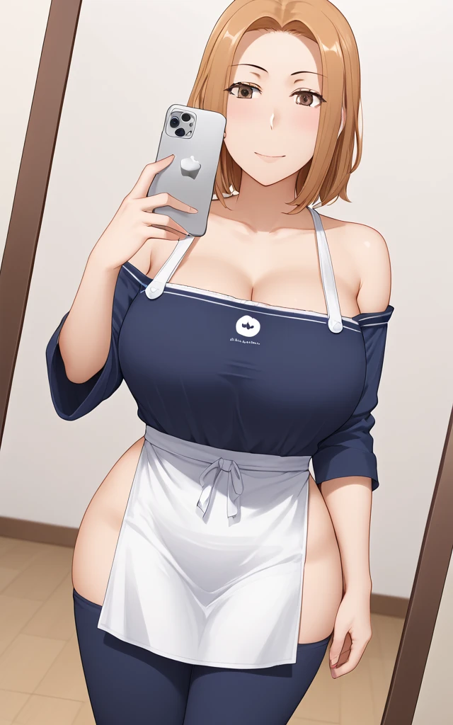 (Best quality:1.3), brown ponytail, glowing eyes, large breasts, naked, cleavage, apron, standing, (pov, close shot, blushing:1.1), smiling, kitchen background