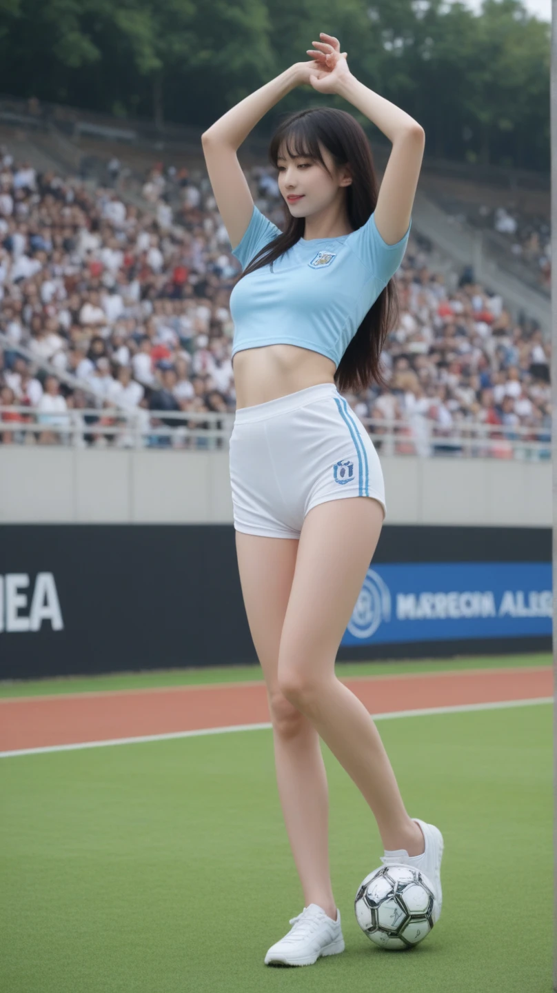 Highest quality、Face focus、Track and field club、Ultra-high resolution，Light、(Depth of written boundary)、Ultra-high resolution、(Photorealistic:1.4)、Thin, tight-fitting uniforms, Raw photo、(On the feet:1.4)、(Landscape)1 Japanese girl、I can see my belly button, solo、Handsome、(Shy、Laughter:1.1)、(Brown eyes)、Beautiful face in every detail、(Hair length)、High angle shot、Center View、Crouching in the athletics stadium、Asian woman wearing a transparent sleeveless top、Amazingly cute girl、short hair、Competition uniforms、Wearing a sprint uniform、Surreal 、Surreal 、 Pause、Esbian all over、Beautiful skin、Glowing Skin、Nice thighs、Lightる太もも、Shining Legs、Above-the-knee socks、Japanese High School 、Idol、Inviting eyes, (Nipples covered:1.2)、Thick waist、Thin fabric clothing,、Thin, see-through jacket、White shorts can be seen through the gap in the uniform、Spread your legs、Panty shot、