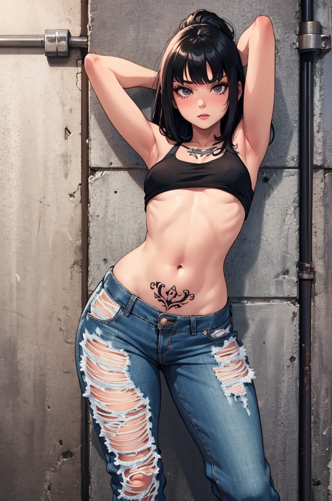 Black pigtails hair, bangs, smile, tattoo