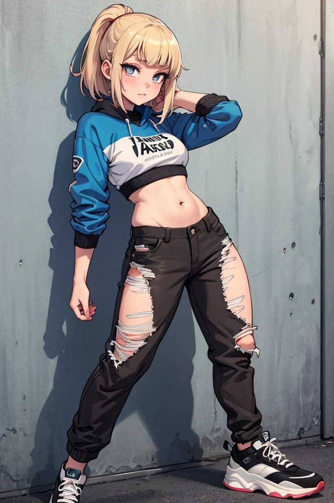 Highest quality:0.8), (Highest quality:0.8), Perfect anime illustration, A girl with a casual side ponytail and cropped hair、Future punkish distressed jeaniddle finger up。Sneakers that look light on the feet。light blue lip。Sharp Eyes。Overall image of a toned body。