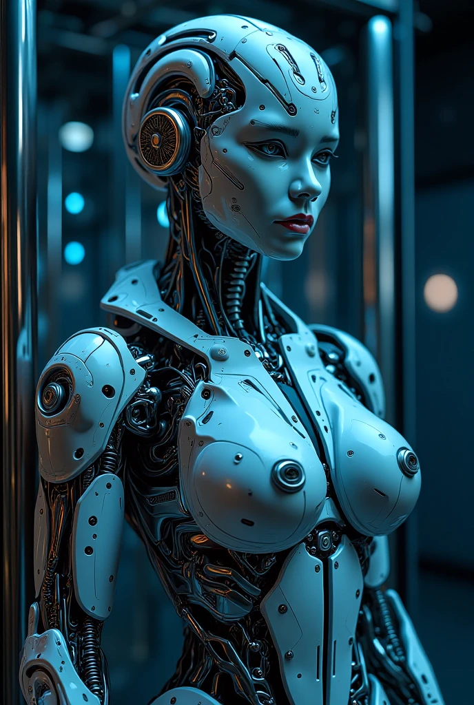A translucent and mysterious mechanical girl,Futuristic Girl,Mechanical joint,Mecha Girl,Futuristic city background