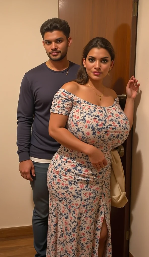 chubby mature thic bbw mexican Teresa Ruiz (46 fifty-six years old) hotwife, chubby belly, with sexy purple night dress v-neck , black dog collar, in clothing fitting room with husband, with mature man,smiley expression , selfie photo style