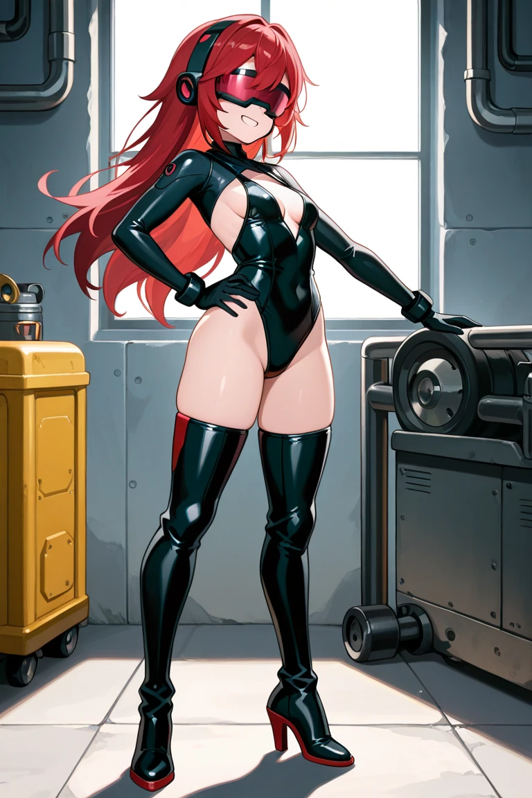 1 girl, best quality, masterpiece, red hair, green eyes, wavy hair, black elaborate latex bodysuit, shiny latex bodysuit, latex gloves, metal cuffs on wrist, metal collar with lock, big breasts, big thighs, big butt, hourglass figure, standing over camera, one leg up on chair, dominant, domineering, dominating, sexy smirk, looking down, blushing, commanding