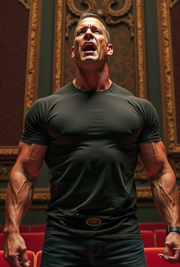 Face of Dwayne Johnson the rock ,body of lady ,big boobs wearing bra,talking in the mobile phone,eyes bulging out mouth ,wide open, eyebrows raised shouting angrily