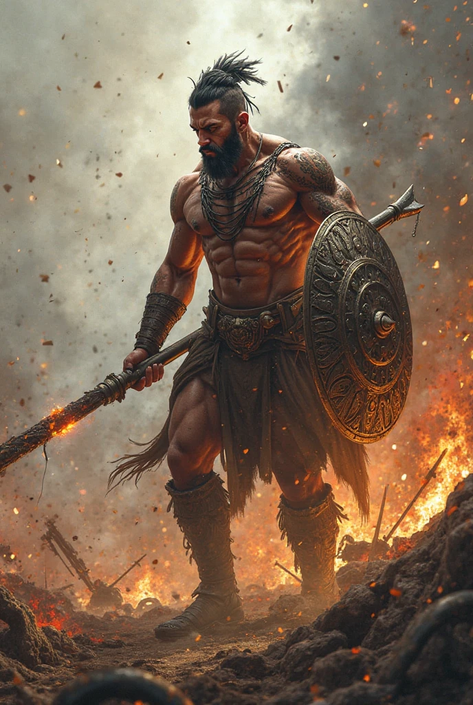 A very muscular man, full body, like ragnar lothbrok, viking outfit, muscular, with black beard, black sword, angry, Black hair, black, black beard, The sky is red, the fire, his body is full of blood stains, It is moving towards sunset, sunset --auto --s2