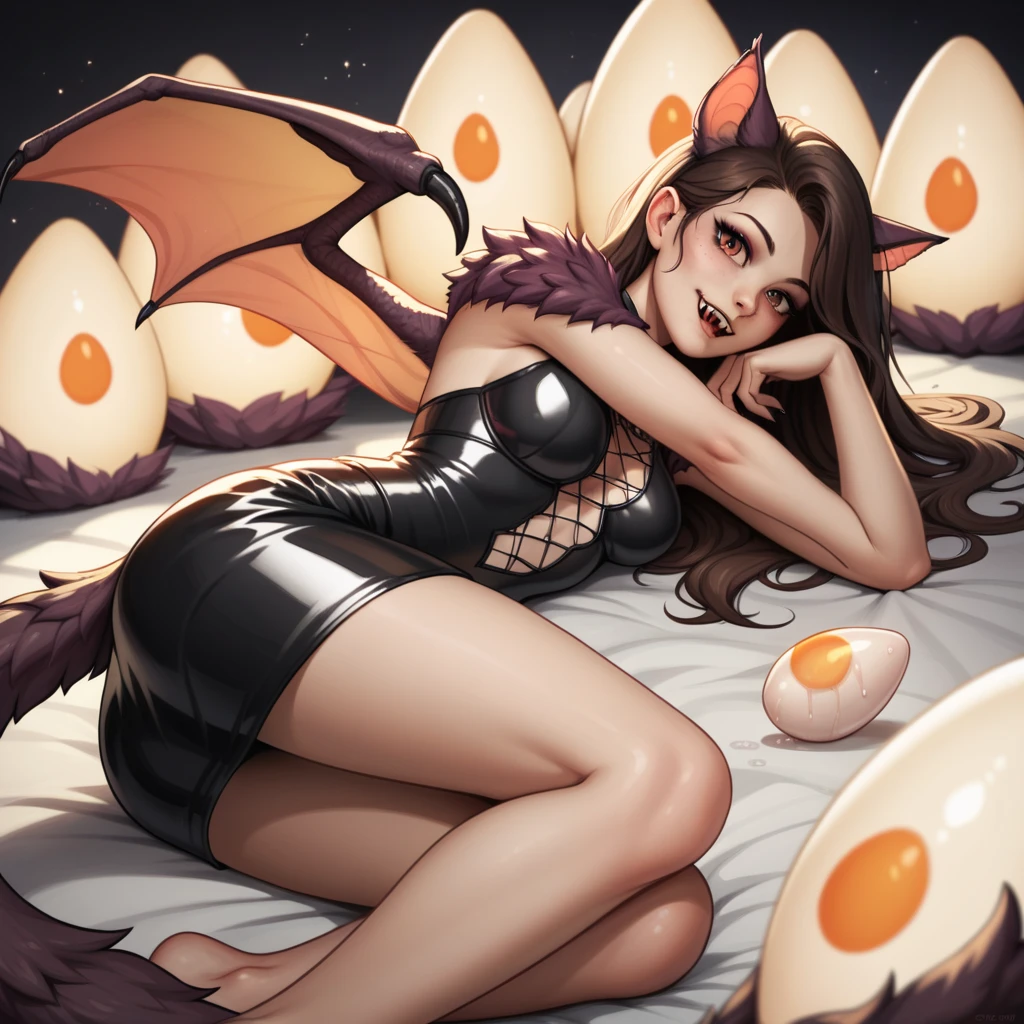 Create a picture of a naked anime girl with long red hair with devil's wings and horns and tits so oversized that they are the size of basketballs. Sie liegt im weichesten Bett der Welt . Das Bild soll 4K Grafik haben!!!!!