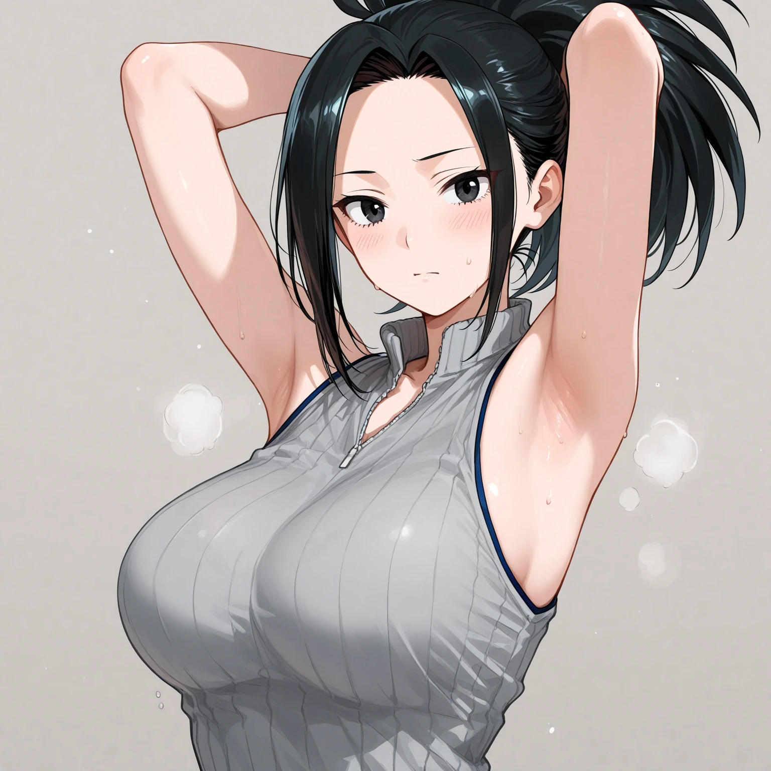 masterpiece, highest quality,High resolution,girl,saw 2, blue eyes, black hair, Low twintails and short cut, big breasts, frown,girl1名, Black tight suit,streak,view audience,put your hand on your waist,blush,Sweat